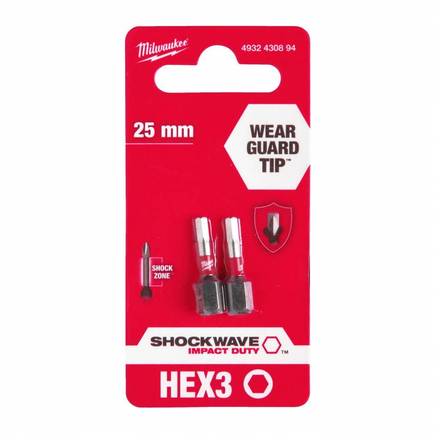 Бита SHOCKWAVE MILWAUKEE, Hex3, 25мм, (2шт)-4932430894