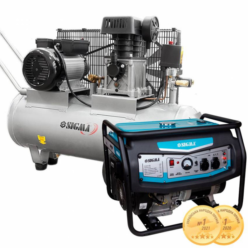 Набір генератор 5.0/5.5кВт 4-х тактний ручний запуск + Компресор двоциліндровий ремінний 2.5кВт 335л/хв 10бар 50л SIGMA (57104612)-57104612