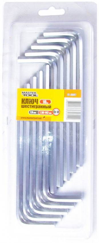 MasterTool Ключ шестигранний CrV 7,0мм L36-142мм, 10шт, Арт.: 75-0007-75-0007