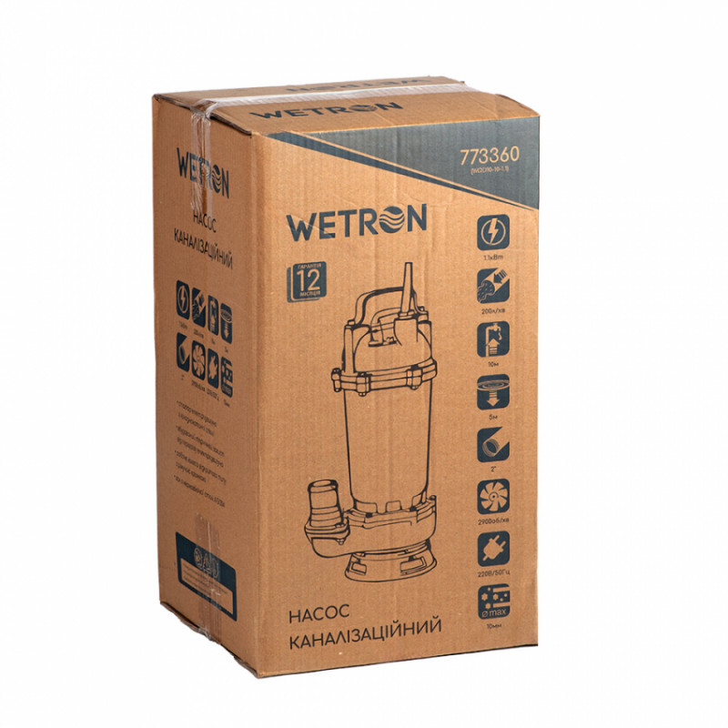 Насос каналізаційний 1.1кВт Hmax 10м Qmax 200л/хв без поплавка WETRON (773360)-773360