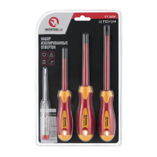 Набір ізольованих викруток з викруткою індикатором 4 од VDE (SL1.0 * 5.5 * 125мм, PH1 * 80мм, PH2 * 100мм, викрутка індикатор.), STORM INTERTOOL VT-3604-VT-3604