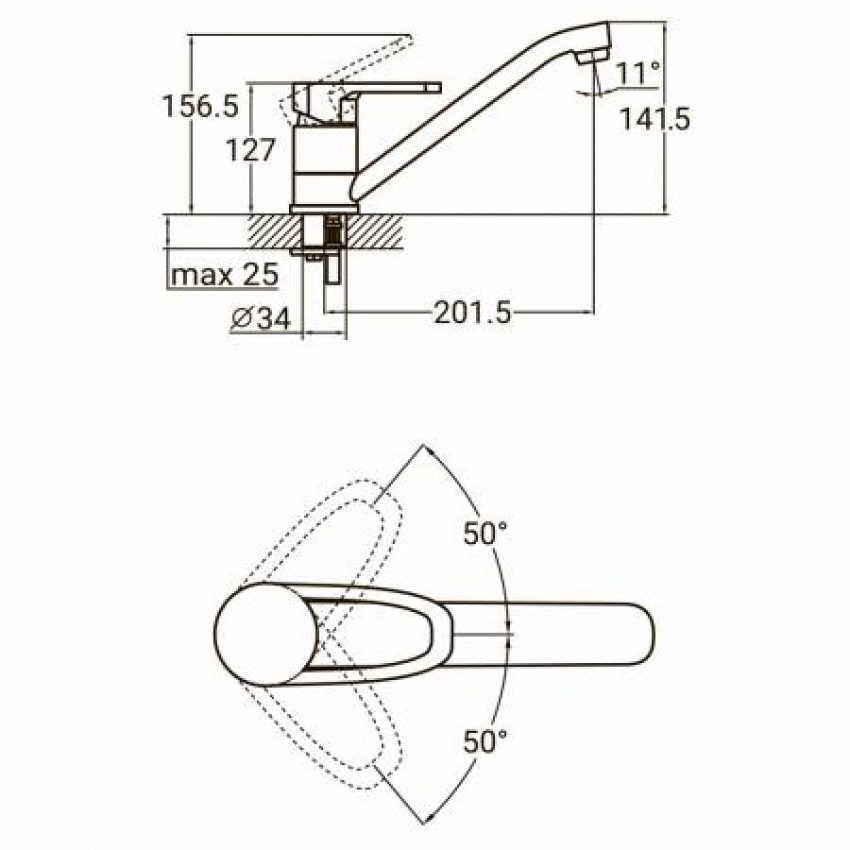 Змішувач MJ Ø40 для кухні гусак прямий 250мм на шпильці AQUATICA (MJ-2B229C)-MJ-2B229C