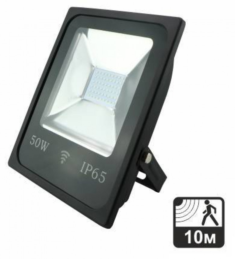 Прожектор 50W RIGHT HAUSEN чорний з датчиком руху, 6500K, IP65-HN-191082