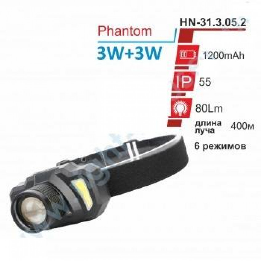 Ліхтарик RIGHT HAUSEN PHANTOM на лоб 3W 3W Li-ion HN-313052 (50ящ)-HN-313052