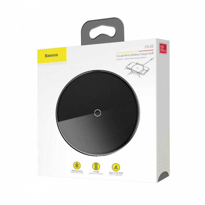 Бездротовий ЗП Baseus Circular Mirror+USB Hub Type-C to USB3.0*1+USB2.0*3+Type-C PD (WXJMY-0G)-