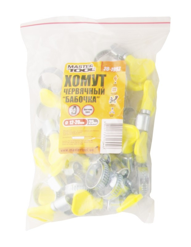 Хомут черв'ячний оцинкований MASTERTOOL "Метелик" German type 9.0 мм Ø12-20 мм 25 шт 20-1993-20-1993