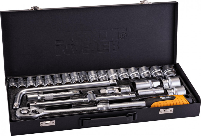 Набір насадок торцевих MASTERTOOL PROFI CrV 1/2" 10-32 мм тріскачка 72Т 24 шт металевий кейс гнутий вороток 78-4125-78-4125