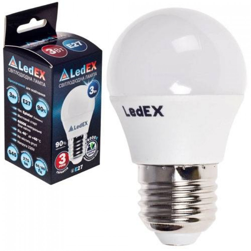 Світлодіодна лампа LEDEX E27, 3W, кулька 270lm, 4000К, 160º, чіп: Epistar (Тайвань)-100858