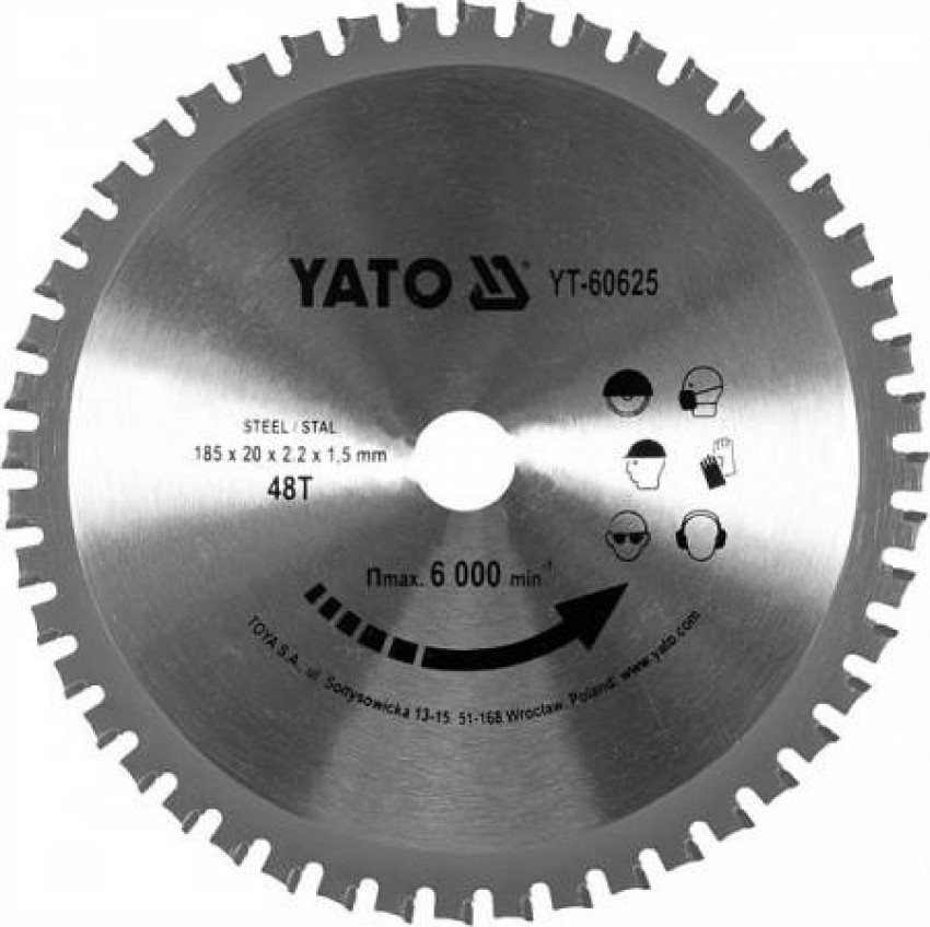 Диск пильний по металу YATO:D=185 x 2.2x20 мм, 48 зубців, RPM до 6000 об/хв-YT-60625