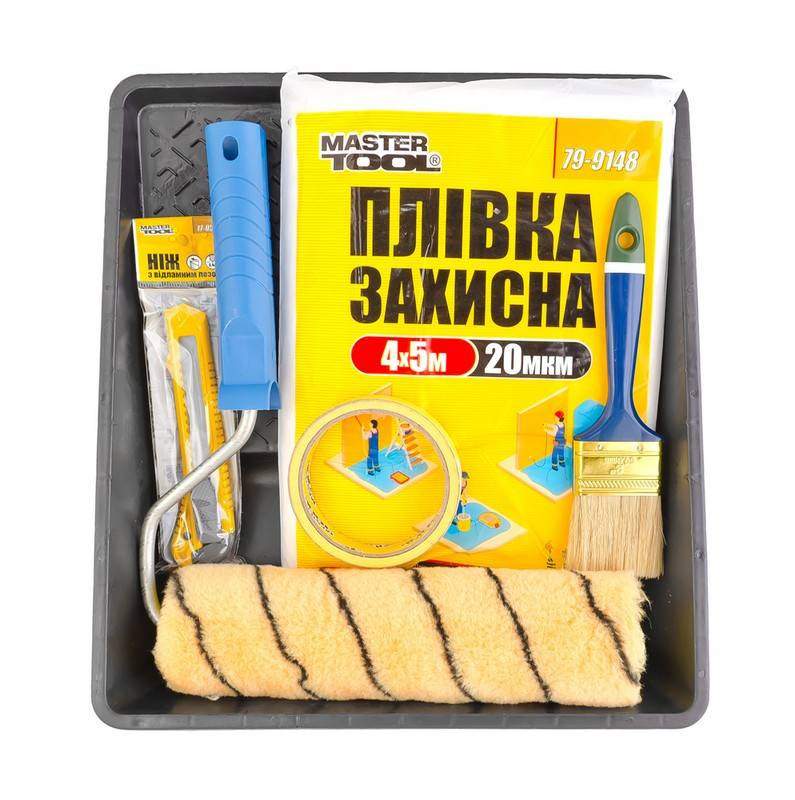 Набір малярний MASTERTOOL №5 валик з ручкою/пензель/ніж/плівка/стрічка малярська/ванночка 92-8105-92-8105