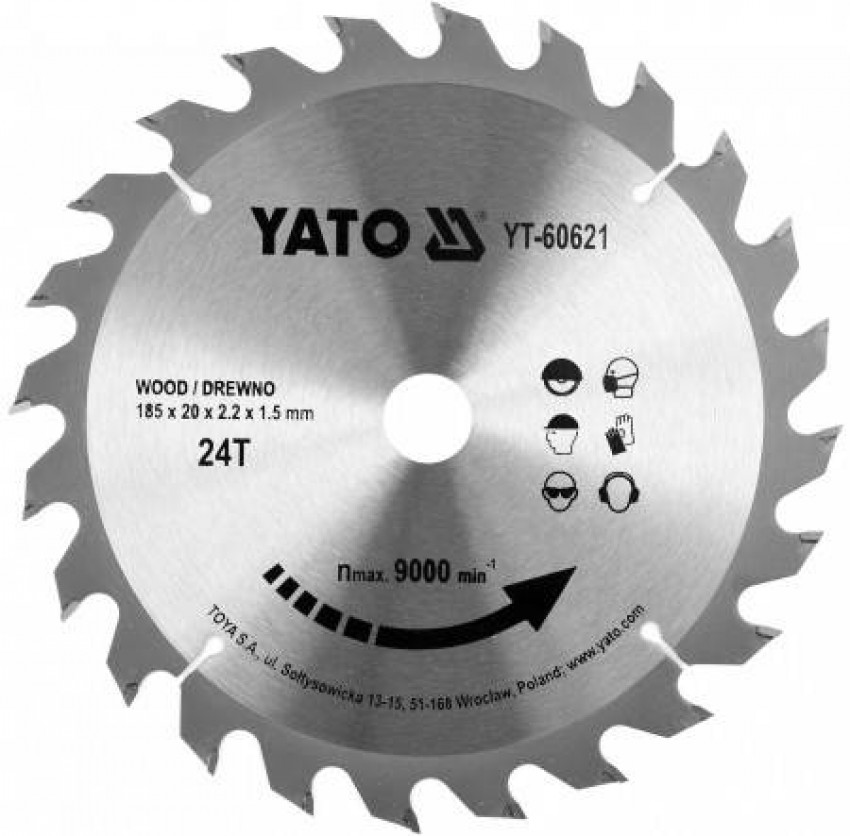 Диск пильний побідитовий по дереву YATO: 185x20x2.2x1.5 мм, 24 зубці, RPM до 9500 1/хв-YT-60621