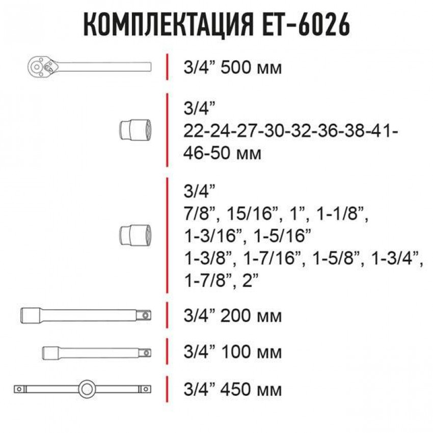 Професійний набір інструментів 3/4", 26 од., Cr-V INTERTOOL ET-6026-ET-6026