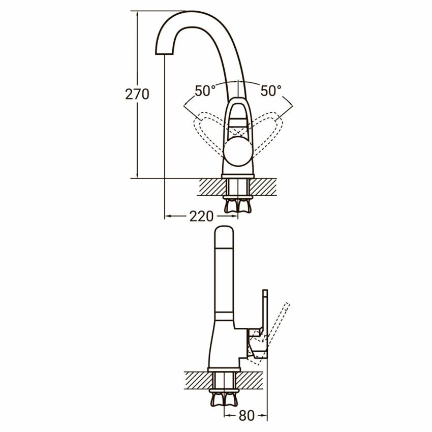 Змішувач HL Ø35 для кухні гусак вухо на гайці AQUATICA HL-4B130C (9734100)-9734100