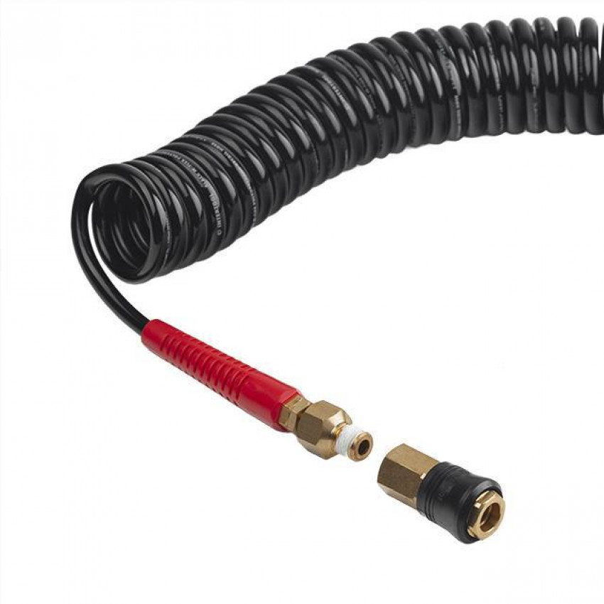 Шланг BLACK M-Flex 5.5х8мм, 10м спіральний поліуретановий з поворотним шарніром, латунними швидкороз'ємними з'єднаннями STORM INTERTOOL PT-1790-PT-1790