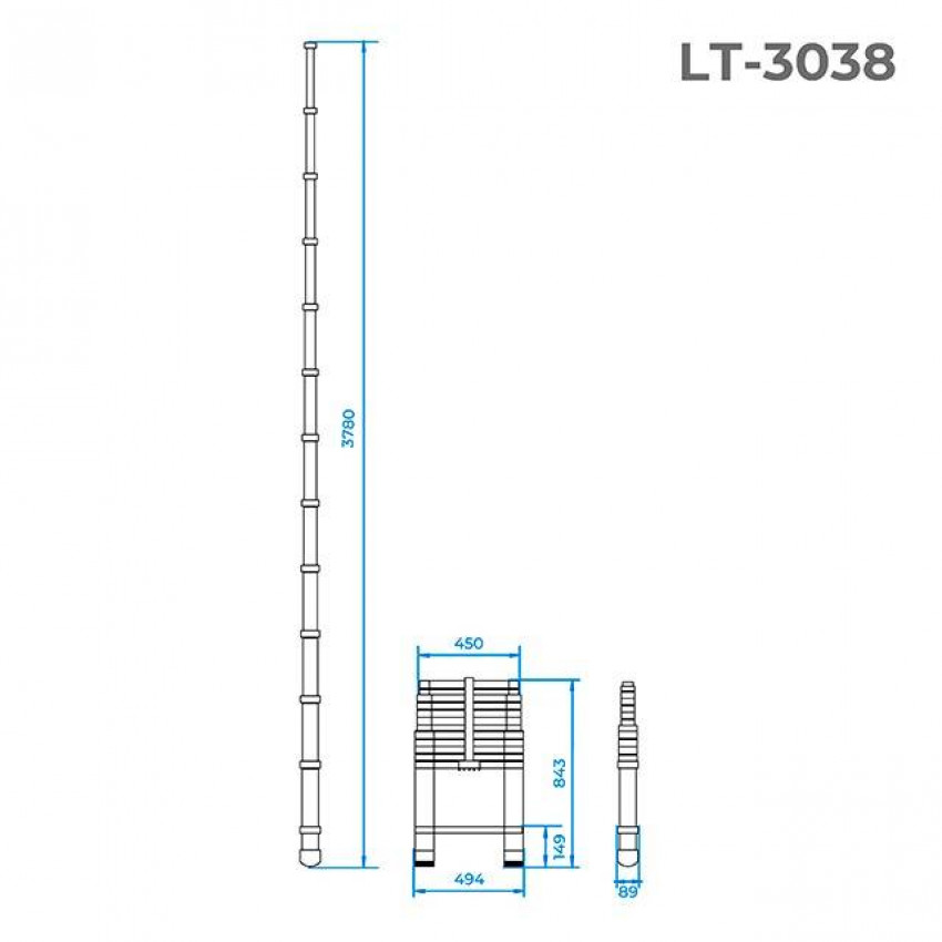 Драбина з алюмінію, телескопічна 12 сход., 3,80 м INTERTOOL LT-3038-LT-3038