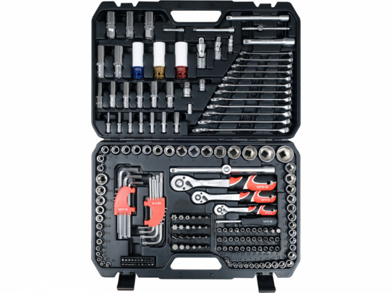 Набір головок торцевих YATO з квадр. 1/2", 3/8", 1/4" з устаткув, викр насадки, комбін ключі, 198 ел-YT-38850