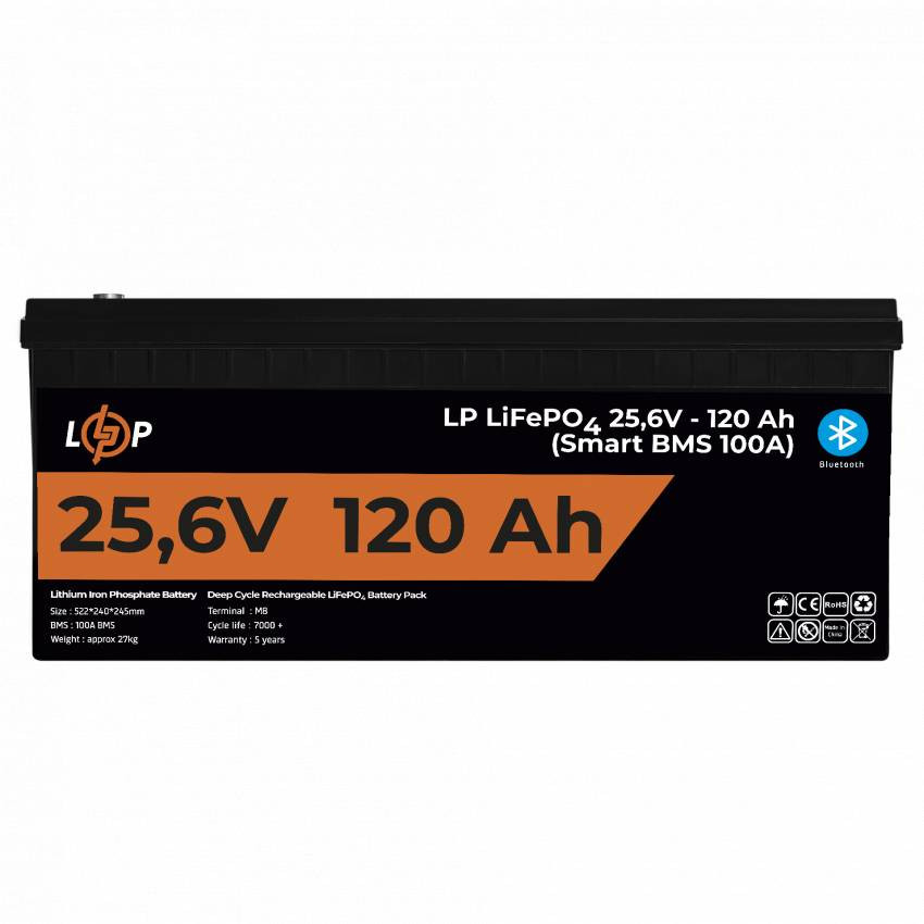 Акумулятор LP LiFePO4 25,6V - 120 Ah (3072Wh) (Smart BMS 100А) з BT пластик для ДБЖ-