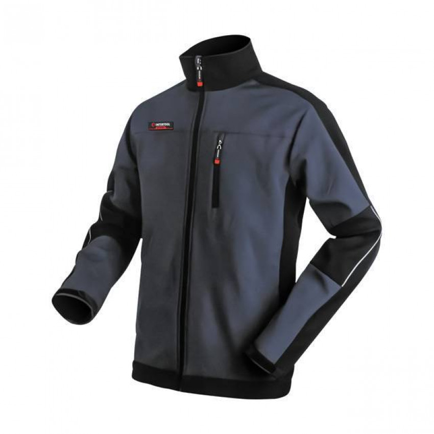 Куртка SOFTSHELL темносіро-чорна, тришарова, тканина стрейч SOFTSHEL 300 GSM 100D, з водо- і вітрозахистом, 96% поліестер і 4% еластан, одна зовнішня і два бічні кишені, розмір XL INTERTOOL SP-3134-SP-3134
