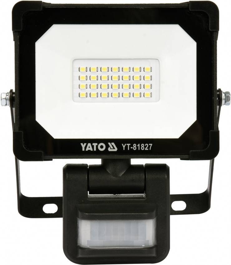 Прожектор із SMD-діодним випромінювачем та датчиком руху YATO: 20Вт, 230В, 1800 лм, кут-120°, 28 діодів-YT-81827