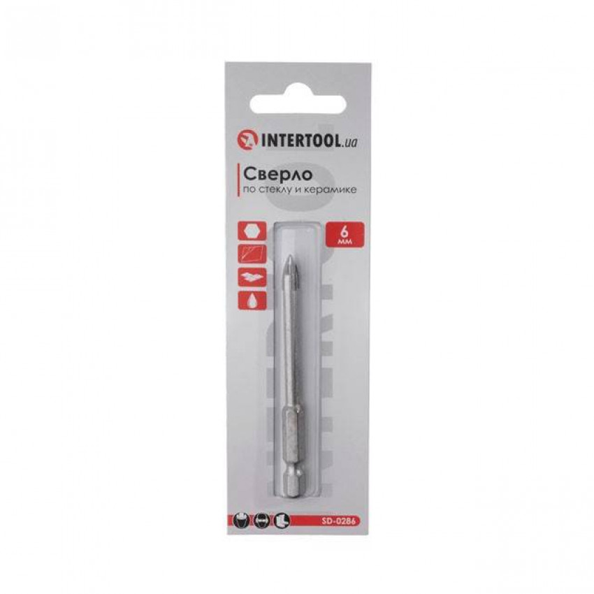 Свердло по склу та кераміці, 6 мм, HEX 1/4" INTERTOOL SD-0286-SD-0286
