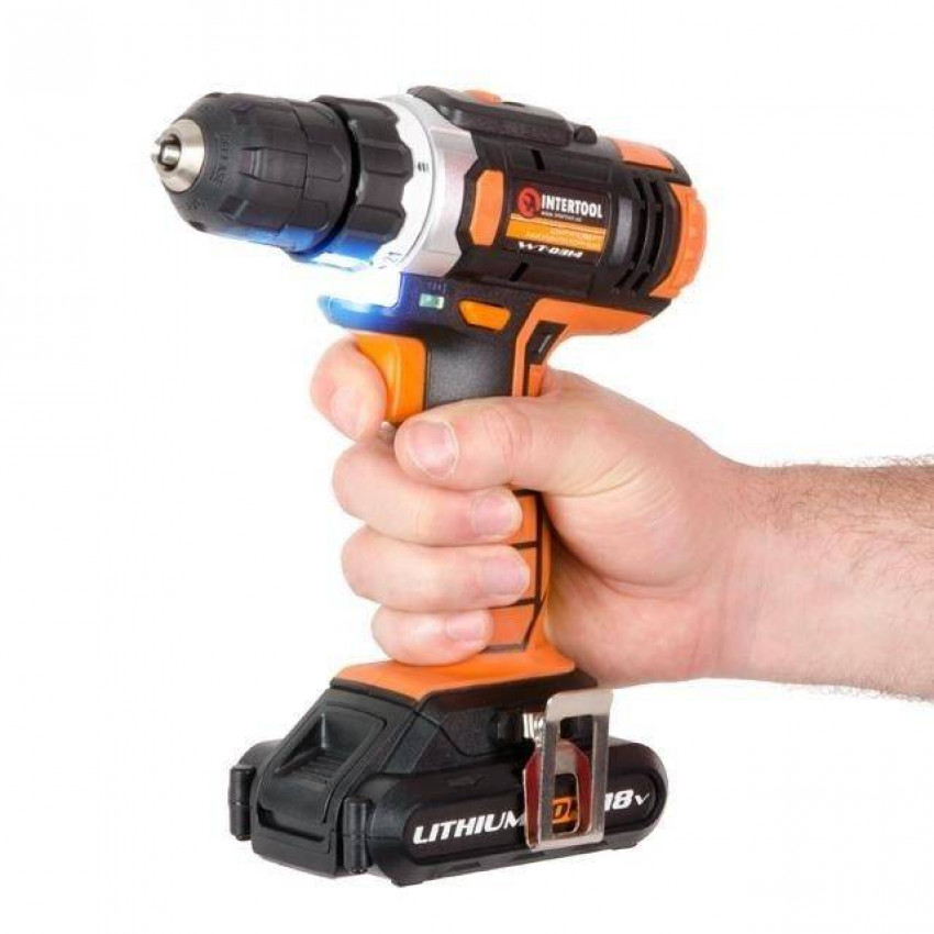 Дриль-шурупокрут акумуляторний Li-Ion 18 В, 25 Nm, 0-400/0-1500 об/хв, 2x2.0 Аг INTERTOOL WT-0314-WT-0314
