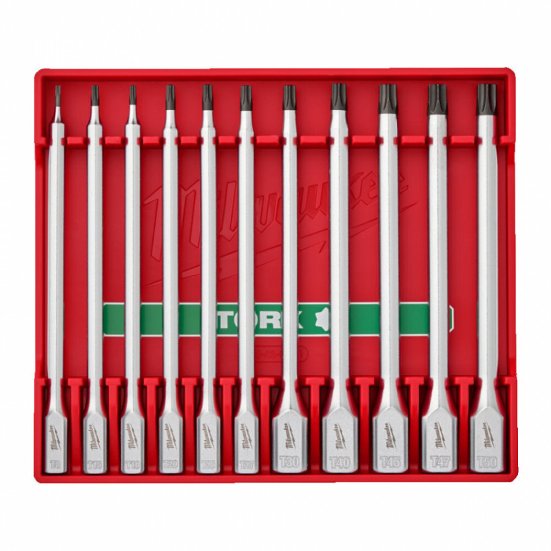 Набір головок торцевих хромованих подовжених 1/4'' та 3/8'' MILWAUKEE, з бітами TORX (T8-T50) в чохлі, (11шт)-4932500431