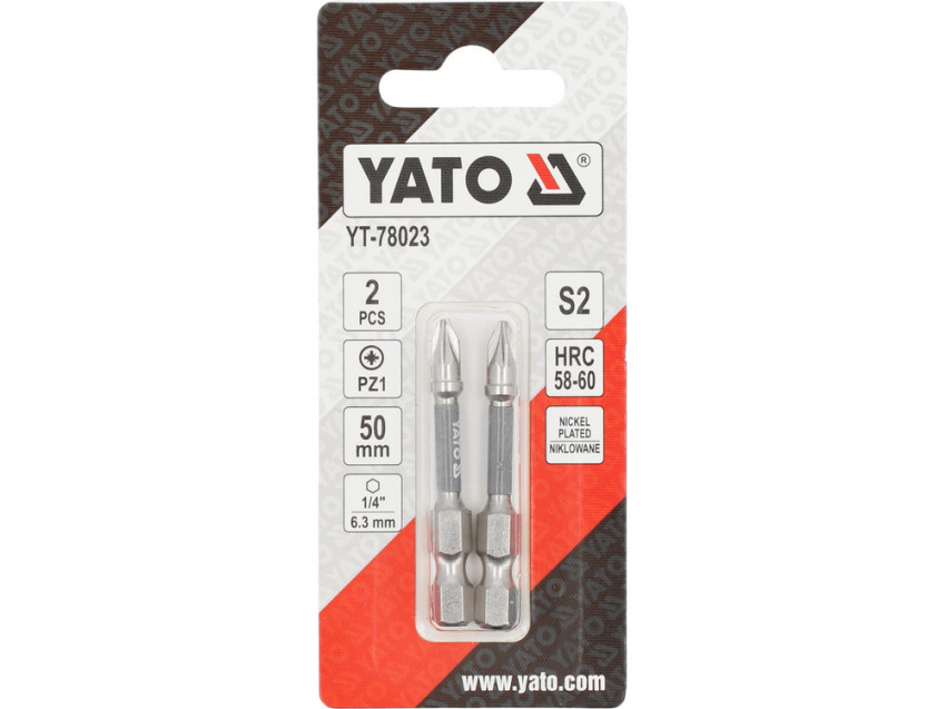 Насадка викруткова YATO; PZ1 х 50мм. шпиндель 6-гран- 1/4", покрита нікелем, 2шт.[10]-YT-78023