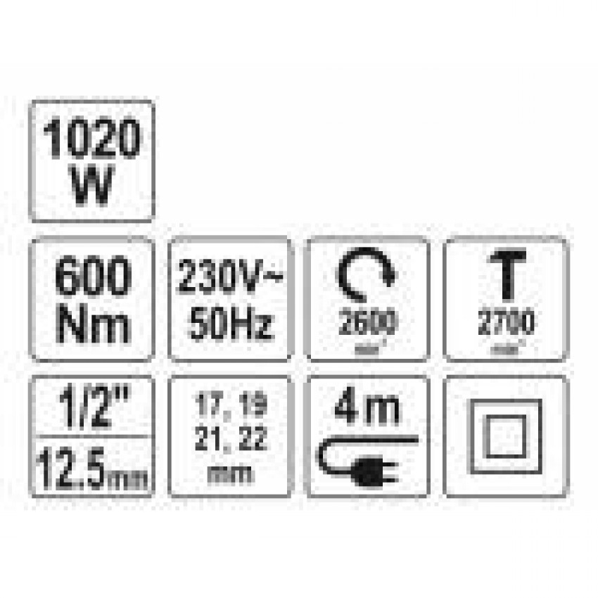 Гайковерт ударний мережевий YATO: 1/4" HEX x 1/2" F, 1020 Вт, 600 Нм, 2600 об/хв 4 головки та кейс-YT-82021