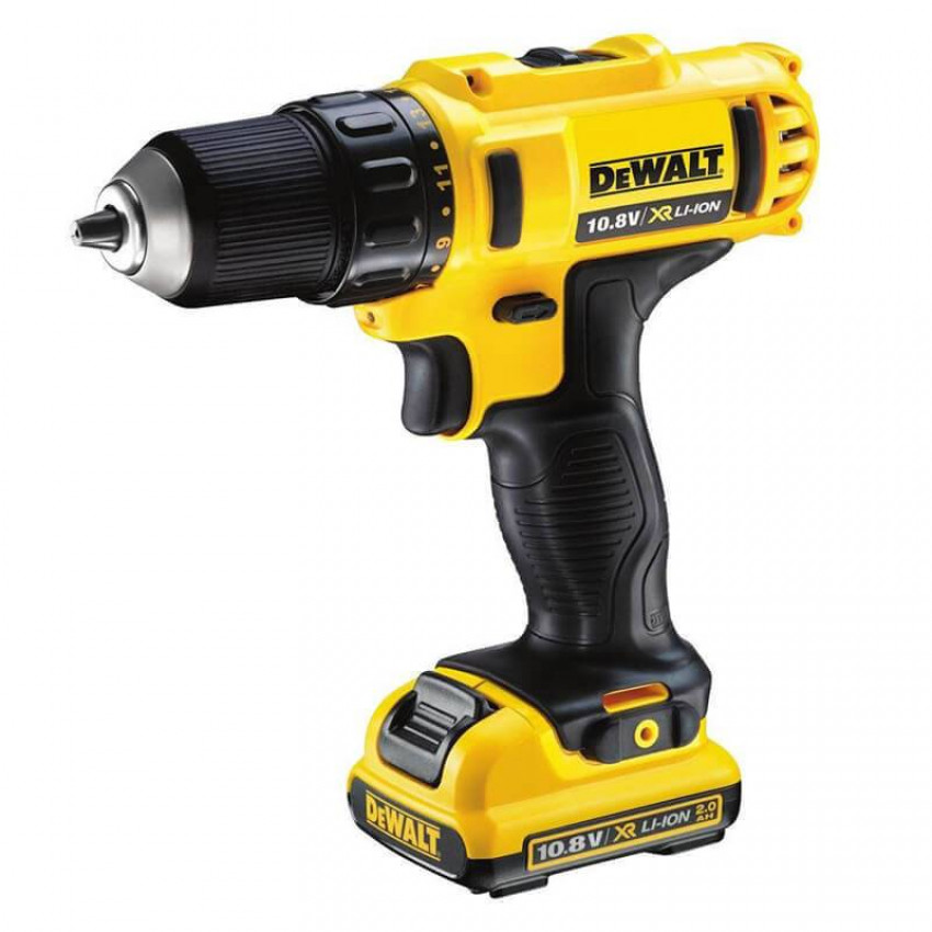 Дриль-шуруповерт акумуляторний DeWALT DCD710D2, ненаголошений, XR Li-Ion 10.8 В, 2 Ач, 24 Нм, 400-1500 об/хв, патрон 10 мм швидкозатискний, кількість швидкостей - 2, вага 1.1 кг, 2 ак-DCD710D2