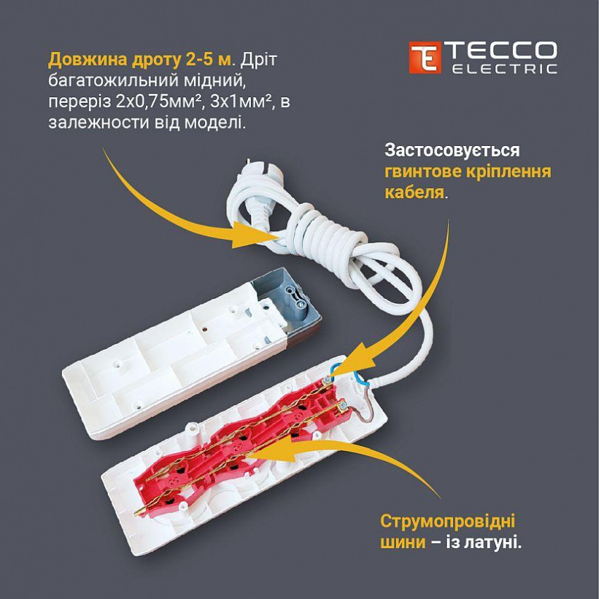 Подовжувач TECCO 2 поста без заземлення 1.5м (2*0.75) білий 1шт/уп-102 200 1.5