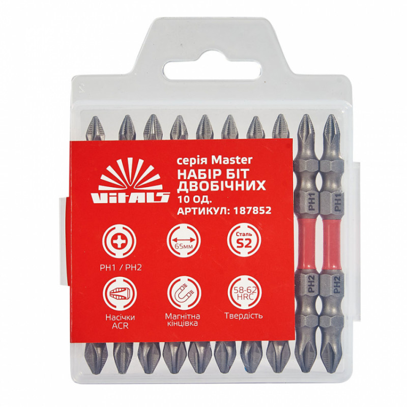 Біти S2 двосторонні PH1+PH2×65 мм, 10 шт. Vitals Master-187852