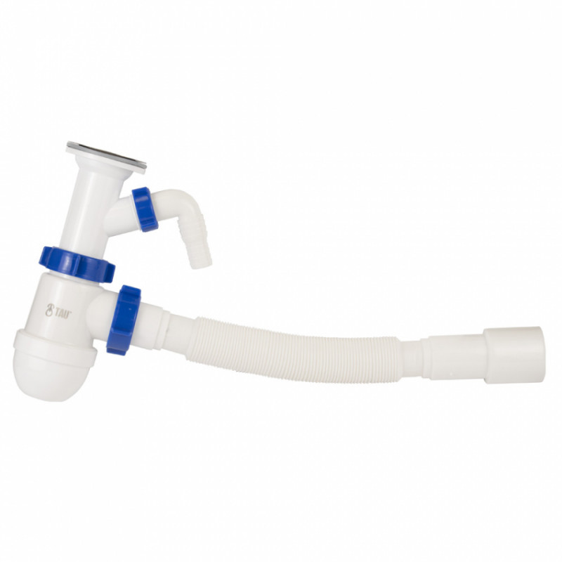 Сифон для раковини з випуском з нерж. сталі виведенням під пральну машину і гнучким відведенням 1½"×Ø40/50мм TAU (9841750)-9841750