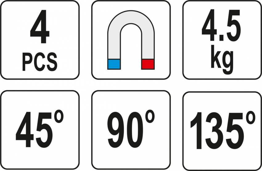 Куточки магнітні для зварювання YATO: кут: 45°, 90°, 135°, сила утримування - 4.5 кг, 43х72х12 мм, 4 шт-YT-08677