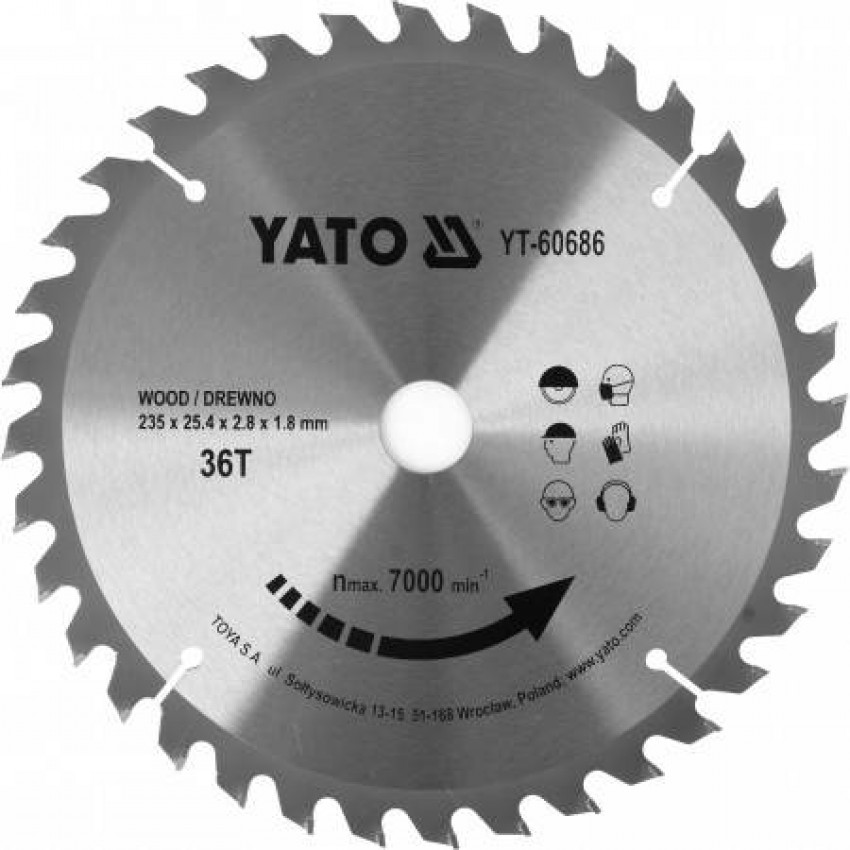 Диск пильний переможний по дереву YATO: 235x25.4x2.8x1.8 мм, 36 зубців, RPM до 7000 1/хв-YT-60686