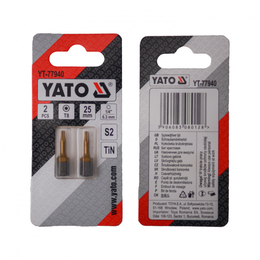 Насадка викруткова YATO TORX T8 х 25 мм. HEX 1/4", покрита титаном, 2 шт.-YT-77940