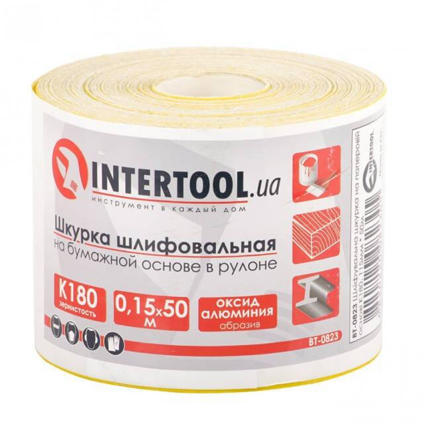 Шкурка шліфувальна, паперова основа, К180, 115 мм × 50 м INTERTOOL BT-0823-BT-0823