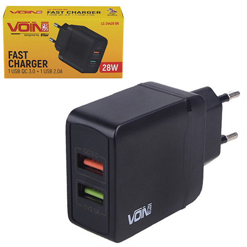 Мережевий зарядний пристрій VOIN 28W, 2 USB, QC3.0 (Port 1-5V*3A/9V*2A/12V*1.5A. Port 2-5V2A)-LC-24428 BK
