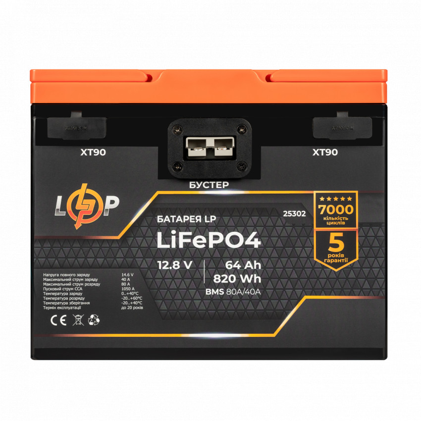 Акумулятор LP LiFePO4 12,8V - 64 Ah (820Wh) (BMS 80A/40А) пластик 2XT90 4USB стартер-