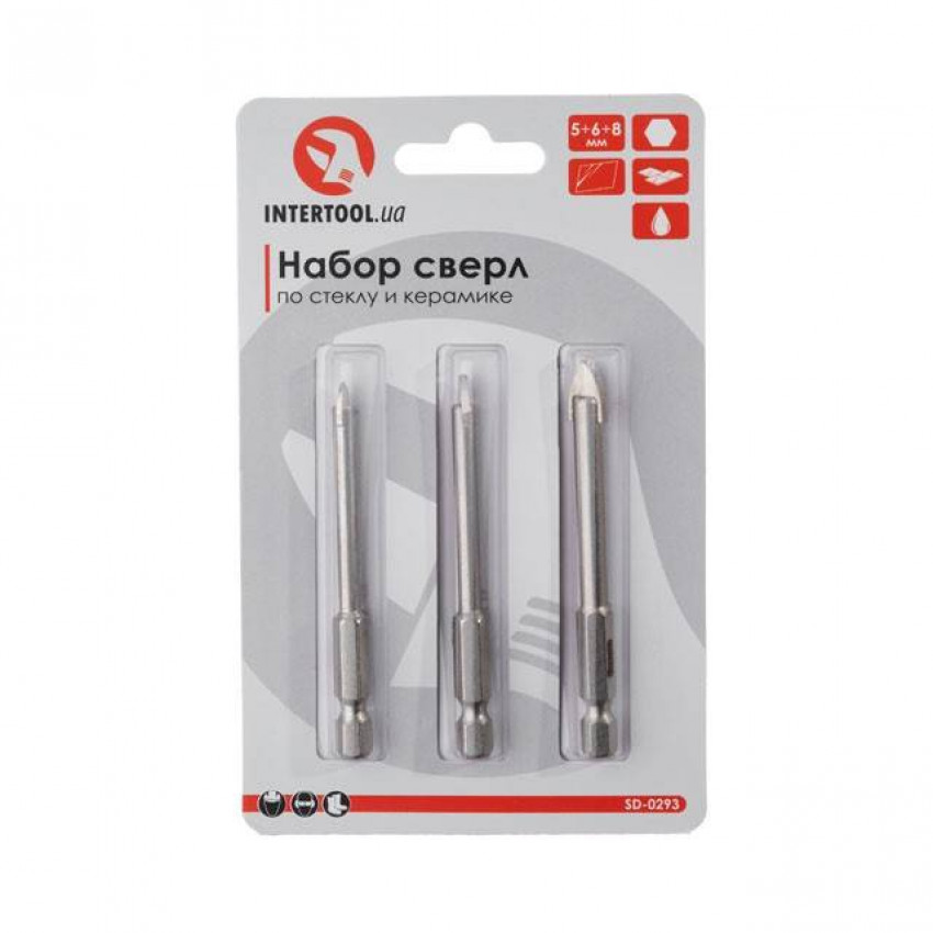 Набір свердел по склу та кераміці 5 + 6 + 8 мм HEX 1/4'' (6.35 mm) INTERTOOL SD-0293-SD-0293