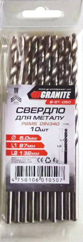 Свердло для металу GRANITE HSS 5.0 мм подовжене DIN340 біле 6-01-050-6-01-050