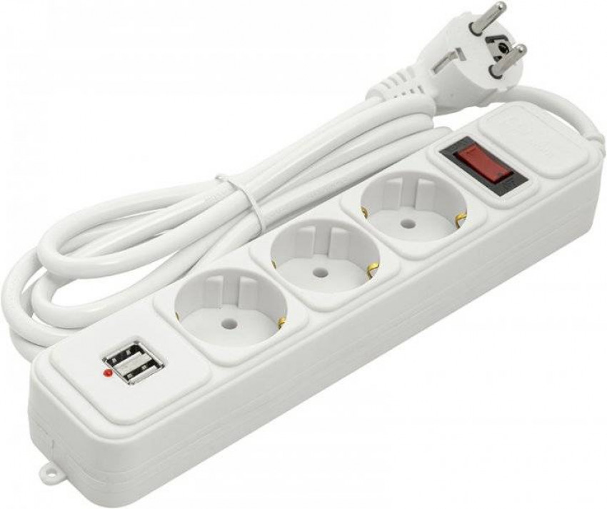 Мережевий фільтр PowerPlant 1.8 м, 3x1.5мм2, 10А, 3 розетки, 2xUSB 2.1A, євростандарт (JY-1054U/1.8)-PPSA10M18S3U