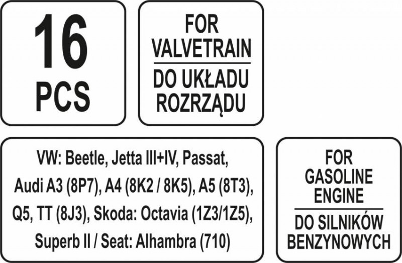 Фіксатори газорозподільної системи двигунів авто групи VAG серії TSI/TFSI YATO: набір, 16 елем.-YT-06024