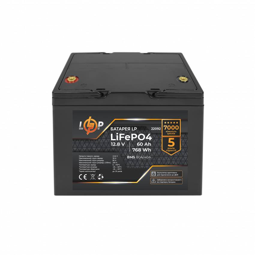 Акумулятор LP LiFePO4 12,8V - 60 Ah (768Wh) (BMS 80A/40А) пластик для ДБЖ-
