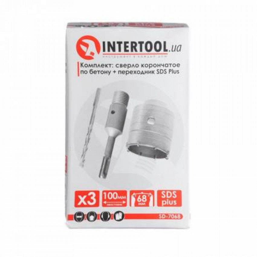 Свердло корончате по бетону 68мм + перехідник SDS Plus 100мм INTERTOOL SD-7068-SD-7068