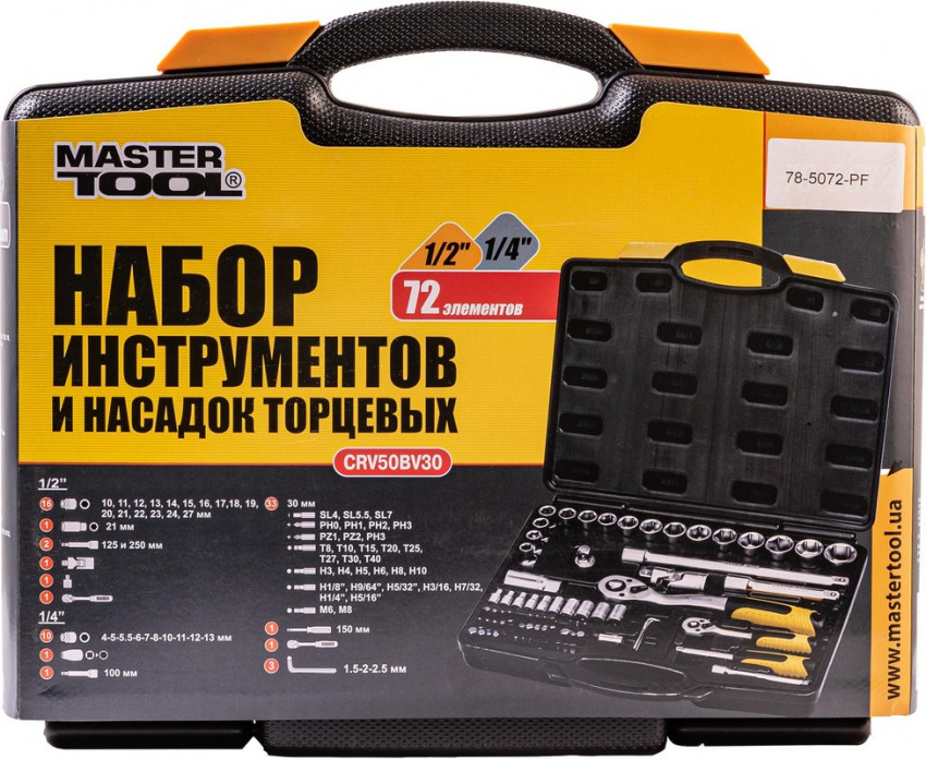 Набір насадок торцевих MASTERTOOL PROFI CrV 1/4"-1/2" тріскачка 72Т 72 шт кейс 78-5072-PF-78-5072-PF