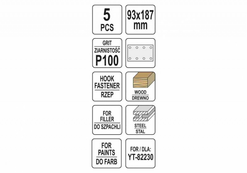 Папір шліфувальний з липучкою YATO: 93 х 187 мм, Р100, до YT-82230, 5 шт-YT-83803