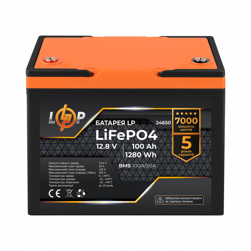 Акумулятор LP LiFePO4 12,8V - 100 Ah (1280Wh) (BMS 100A/50А) пластик-
