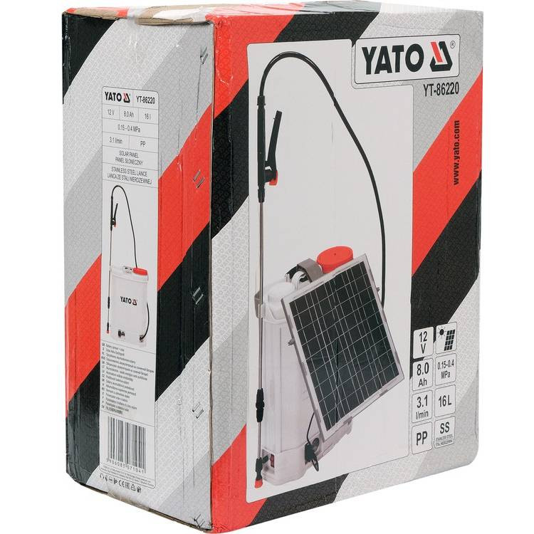 Оприскувач акумуляторний від сонячної батареї YATO, 12 В, 8 Агод, бак- 16л, продуктивность- 3.1 л/хв-YT-86220