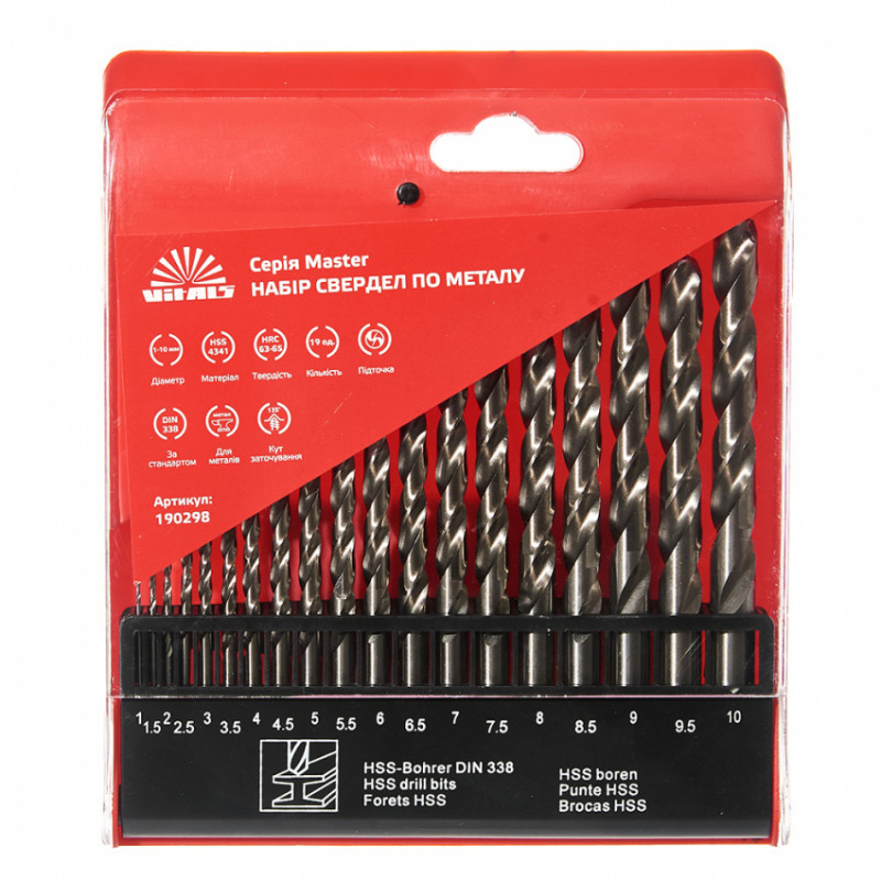 Набір свердел по металу HSS 4341 19 шт. 1–10 мм Vitals Master-190298