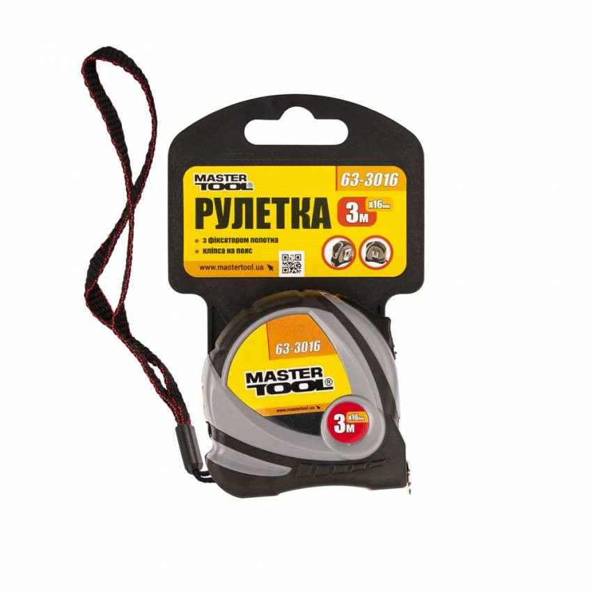 MasterTool Рулетка 3 м*16 мм з фіксатором полотна, Арт.: 63-3016-63-3016